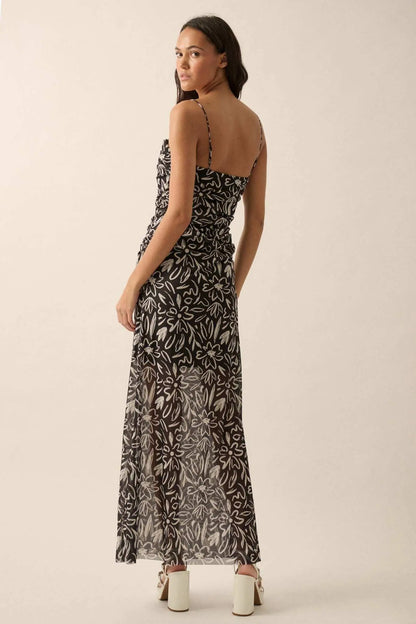 Avant Garden Floral-Print Mesh Ruched Maxi Dress