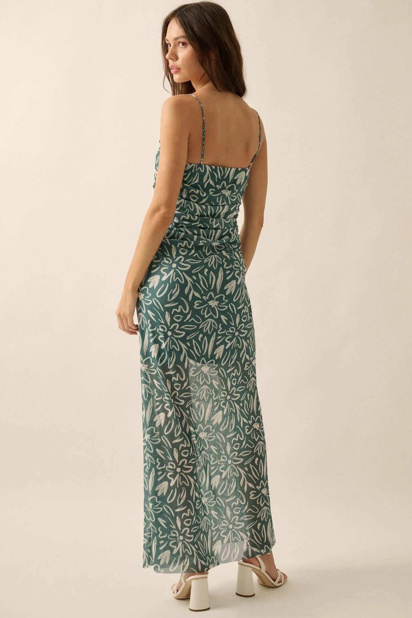 Avant Garden Floral-Print Mesh Ruched Maxi Dress