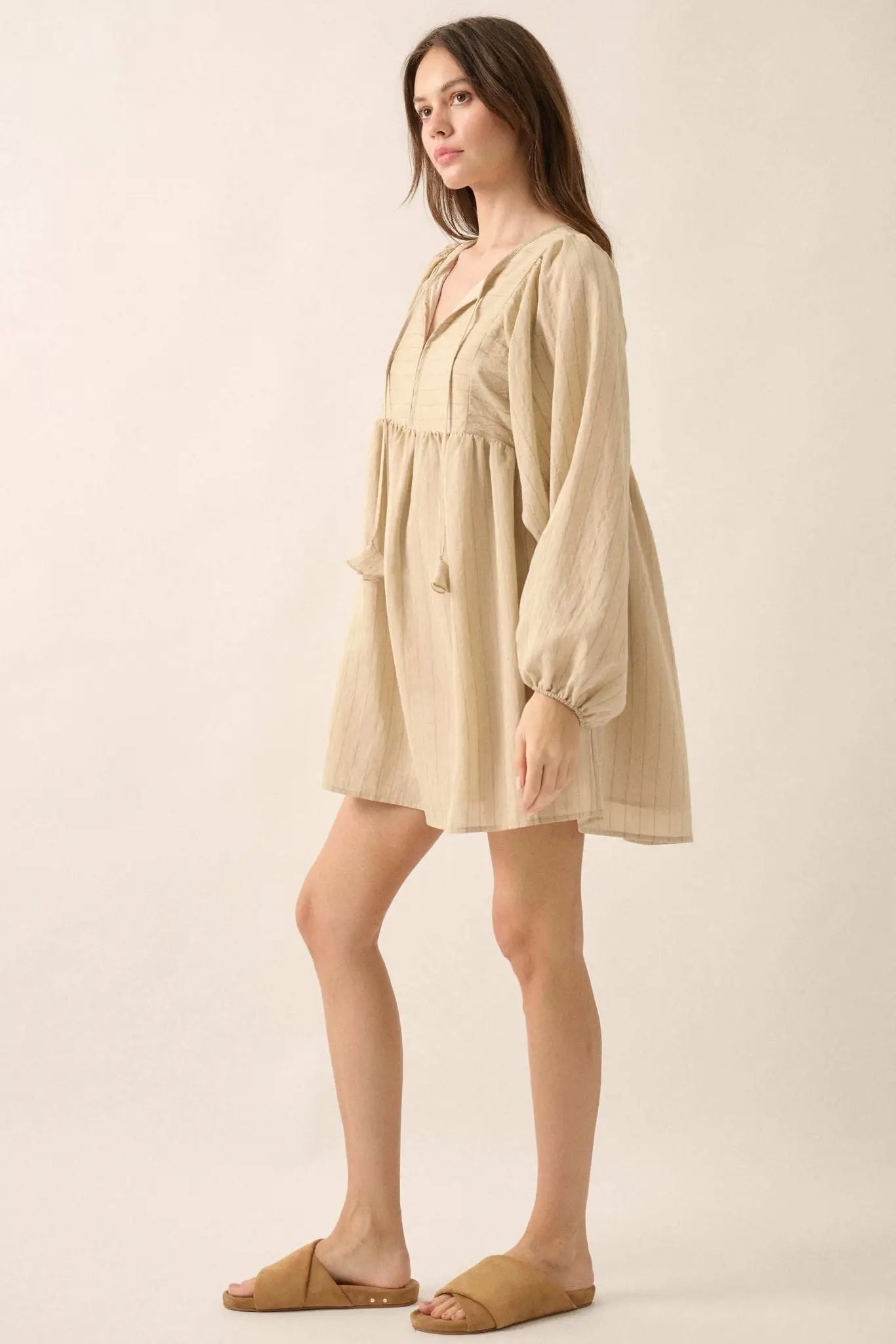 Breezy Belle Pinstripe Babydoll Peasant Mini Dress