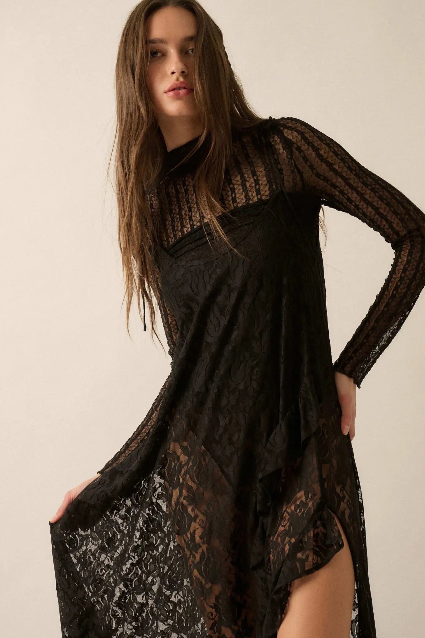 Dream of You Sheer Ruffled Floral Lace Midi Dress