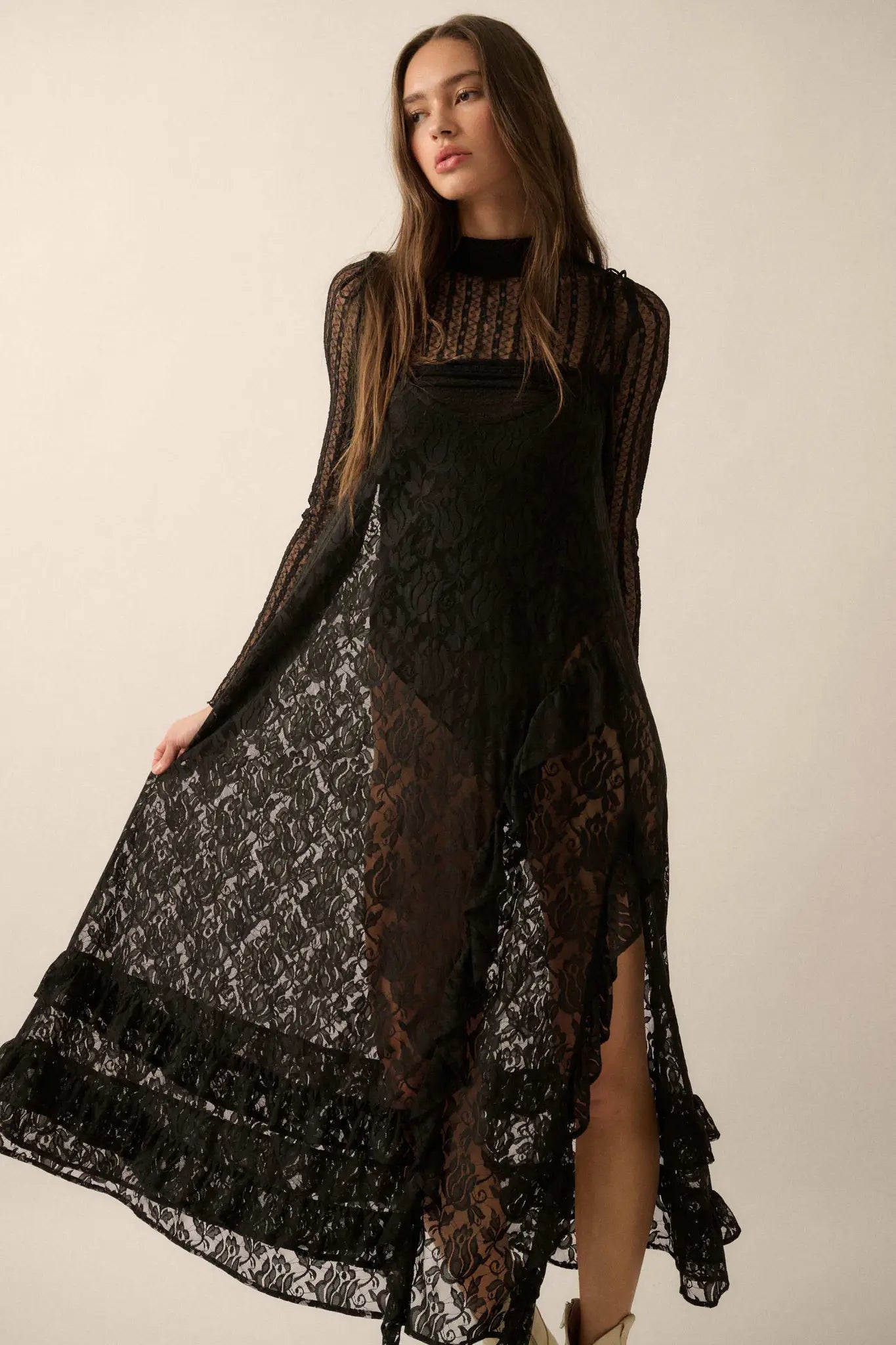 Dream of You Sheer Ruffled Floral Lace Midi Dress