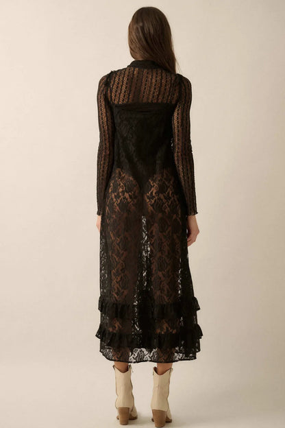 Dream of You Sheer Ruffled Floral Lace Midi Dress