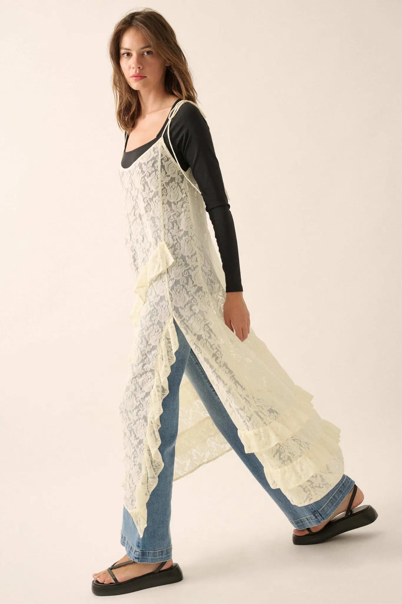 Dream of You Sheer Ruffled Floral Lace Midi Dress