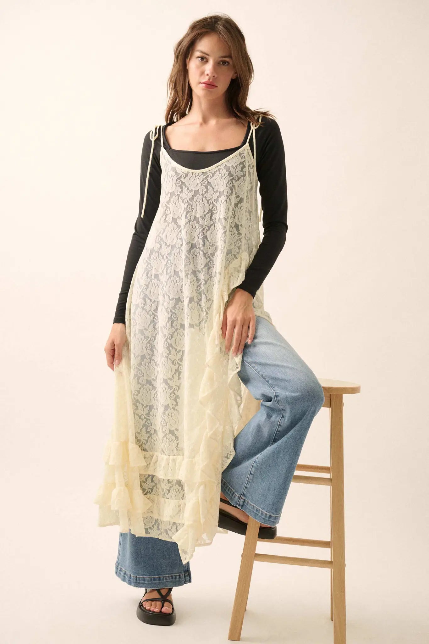 Dream of You Sheer Ruffled Floral Lace Midi Dress