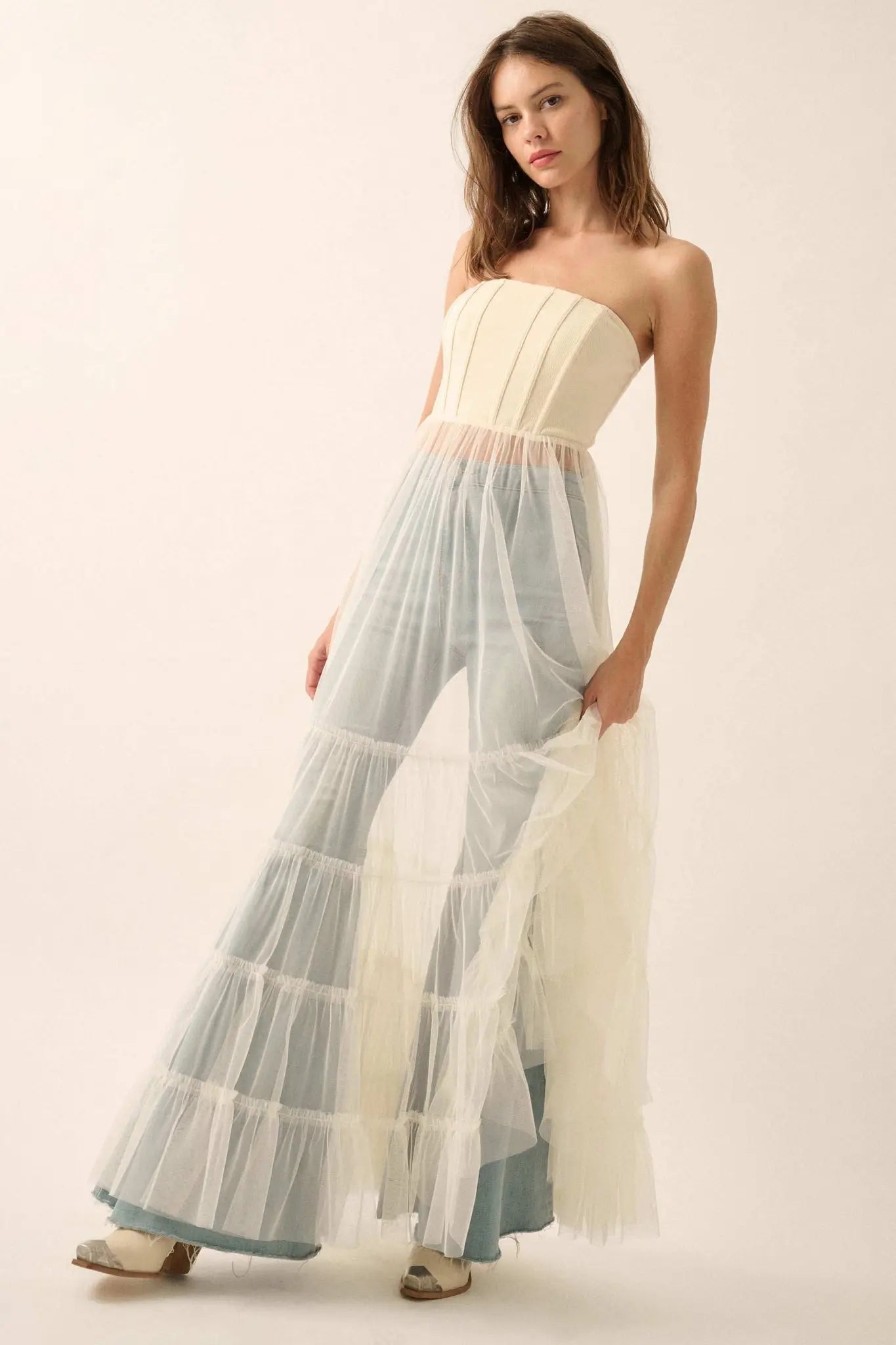 Secret Love Sheer Tiered Tulle Corset Maxi Dress