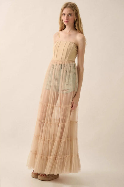 Secret Love Sheer Tiered Tulle Corset Maxi Dress