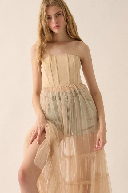 Secret Love Sheer Tiered Tulle Corset Maxi Dress