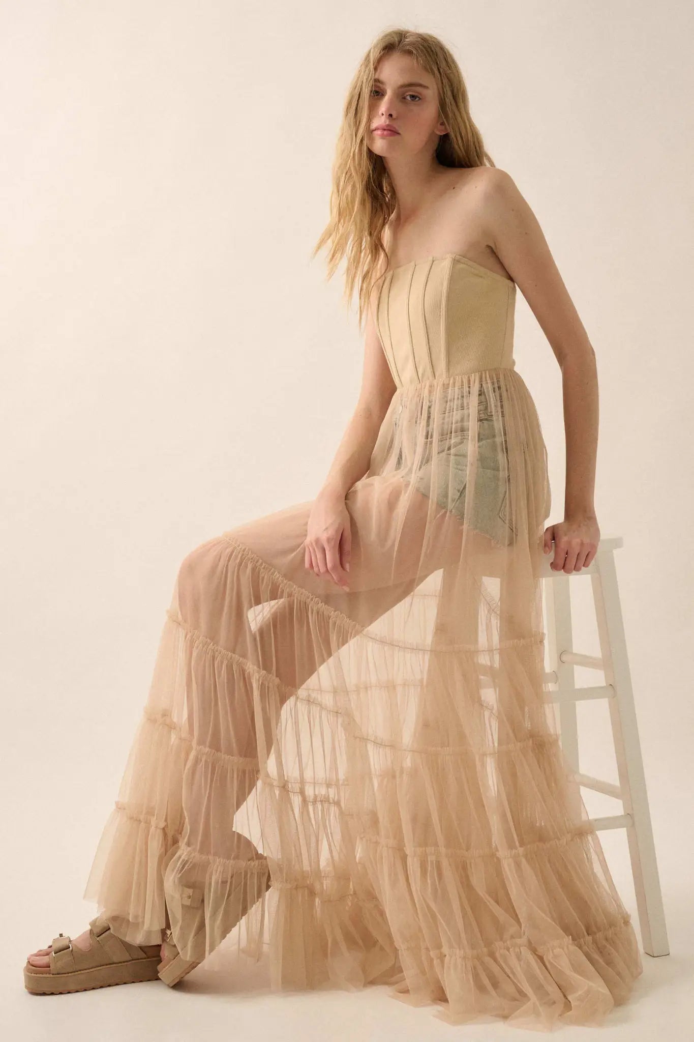 Secret Love Sheer Tiered Tulle Corset Maxi Dress