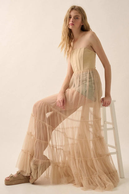 Secret Love Sheer Tiered Tulle Corset Maxi Dress