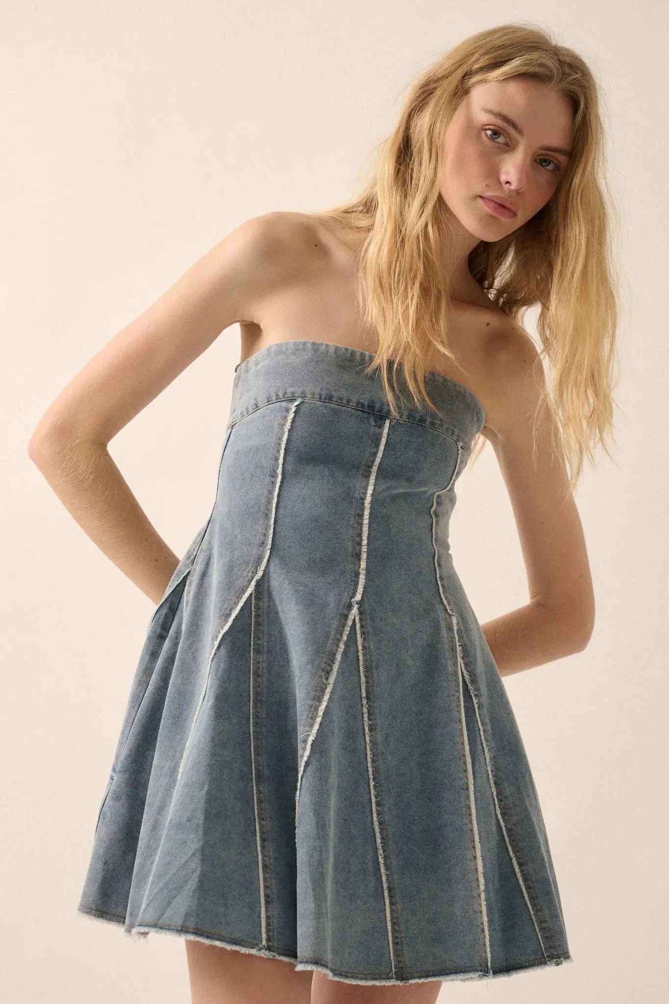 Indigo Skies Denim Strapless Godet Mini Dress