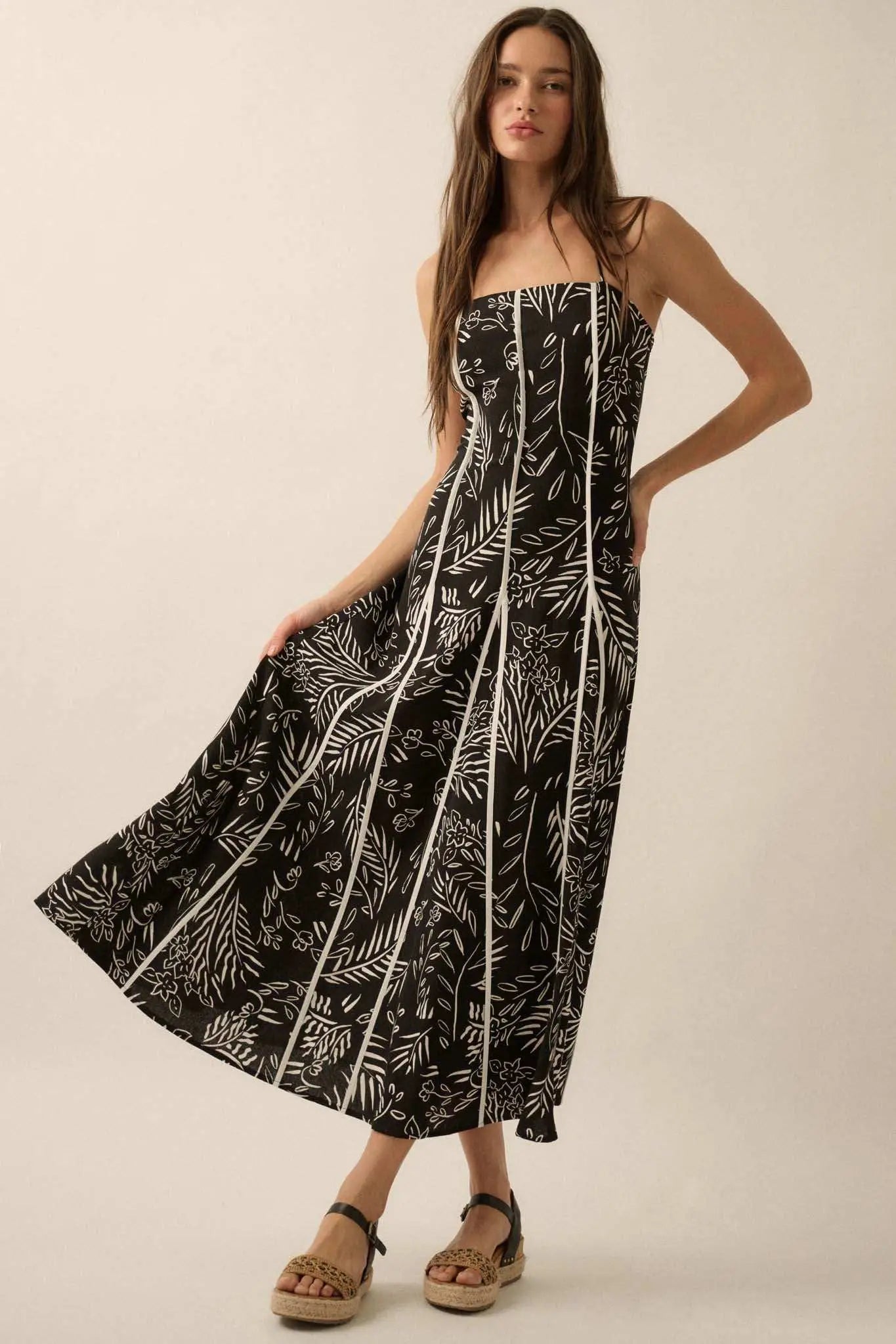 Artsy Blossoms Floral Paneled Halter Maxi Dress