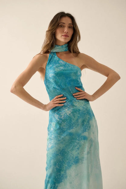 Raining Love Tie-Dye Satin Halter Maxi Dress