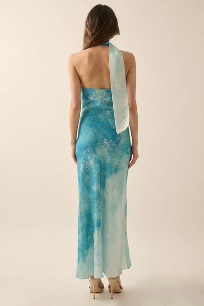 Raining Love Tie-Dye Satin Halter Maxi Dress