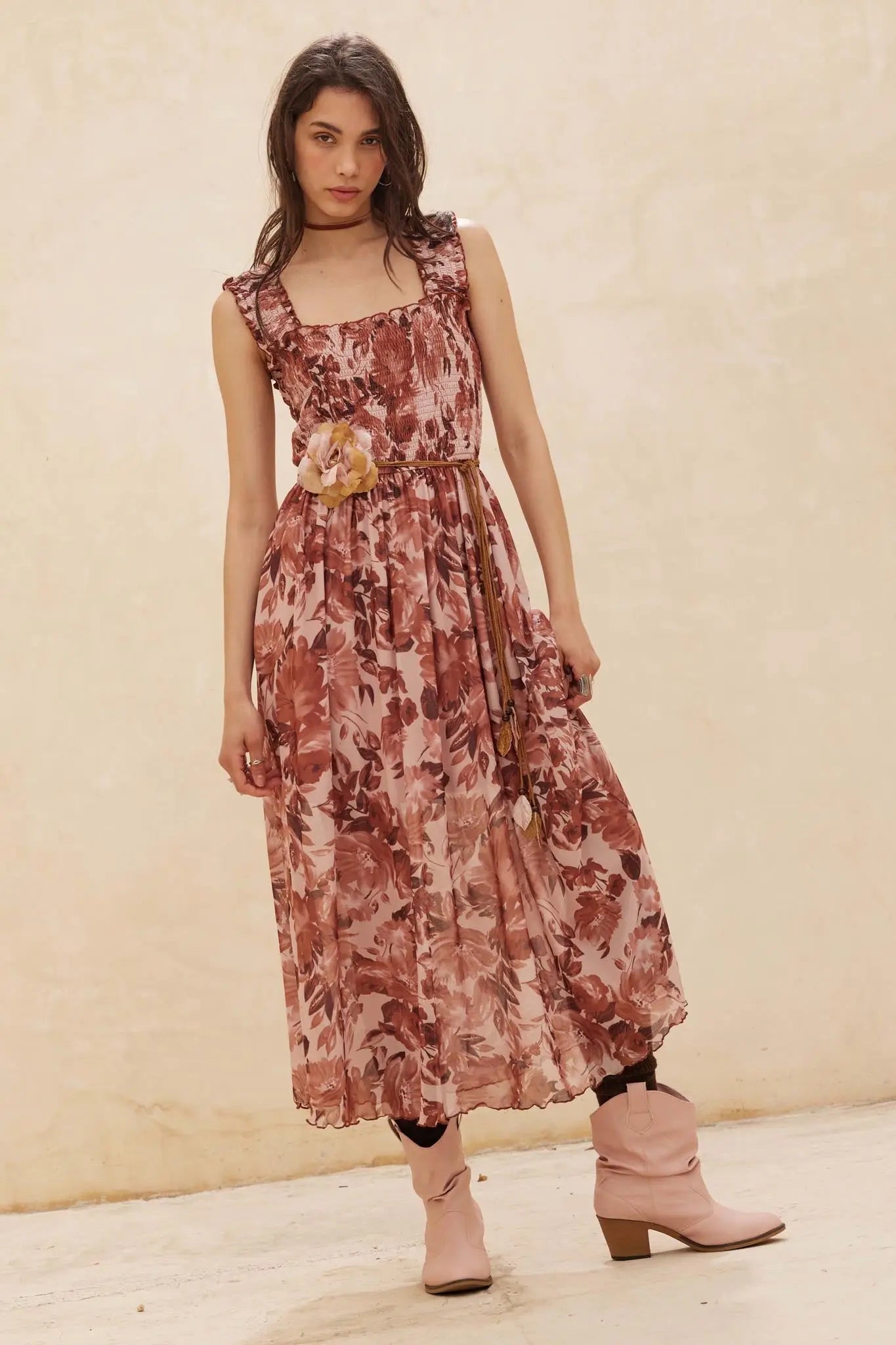 Awesome Blossoms Floral Mesh Smocked Midi Dress