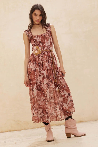 Awesome Blossoms Floral Mesh Smocked Midi Dress