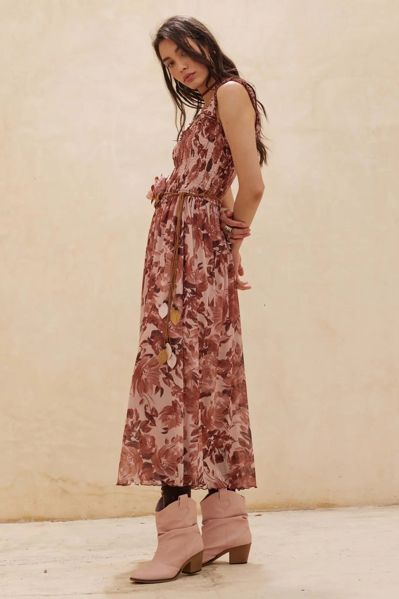 Awesome Blossoms Floral Mesh Smocked Midi Dress
