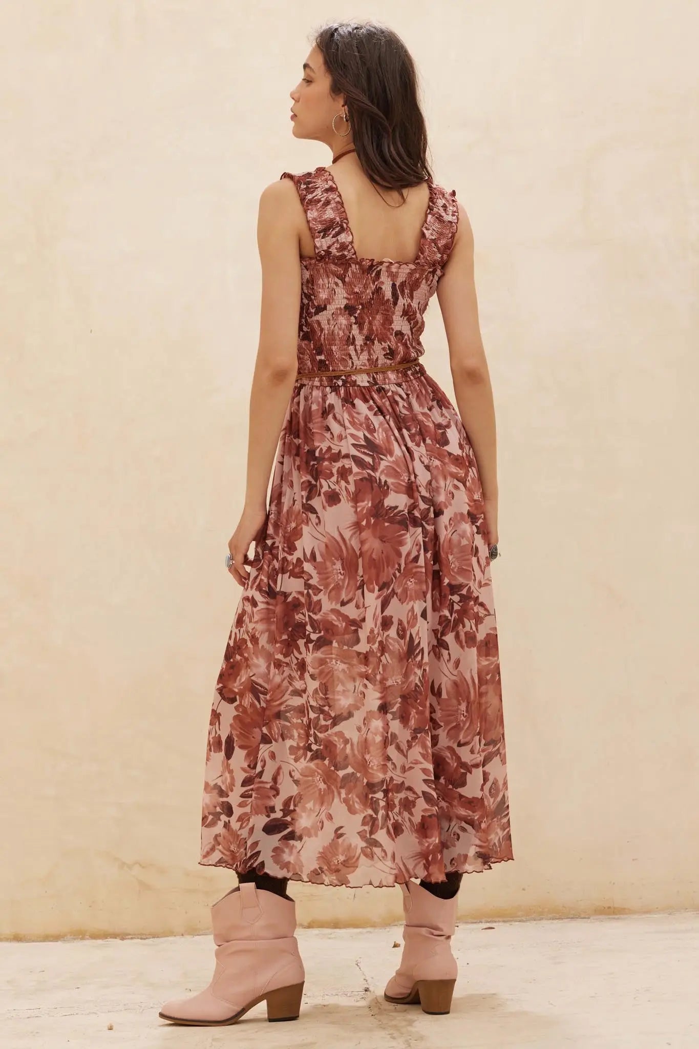 Awesome Blossoms Floral Mesh Smocked Midi Dress