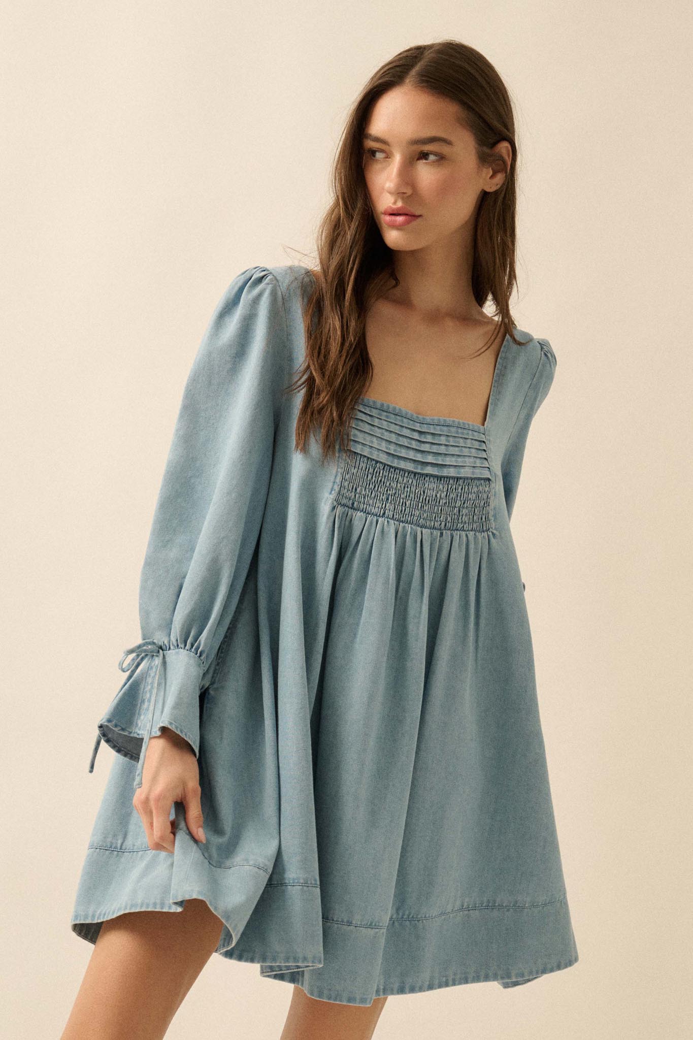 Dreaming in Denim Long-Sleeve Babydoll Mini Dress