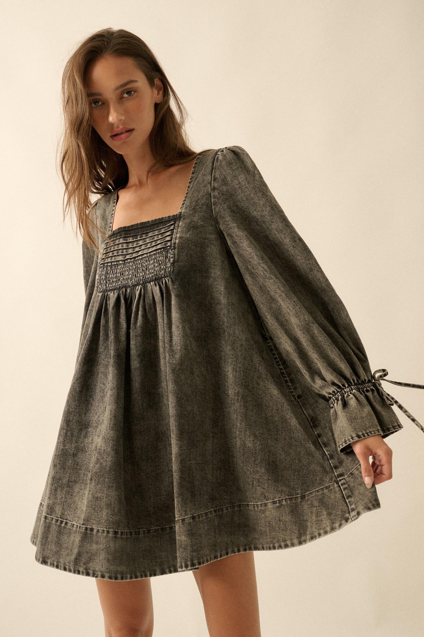 Dreaming in Denim Long-Sleeve Babydoll Mini Dress