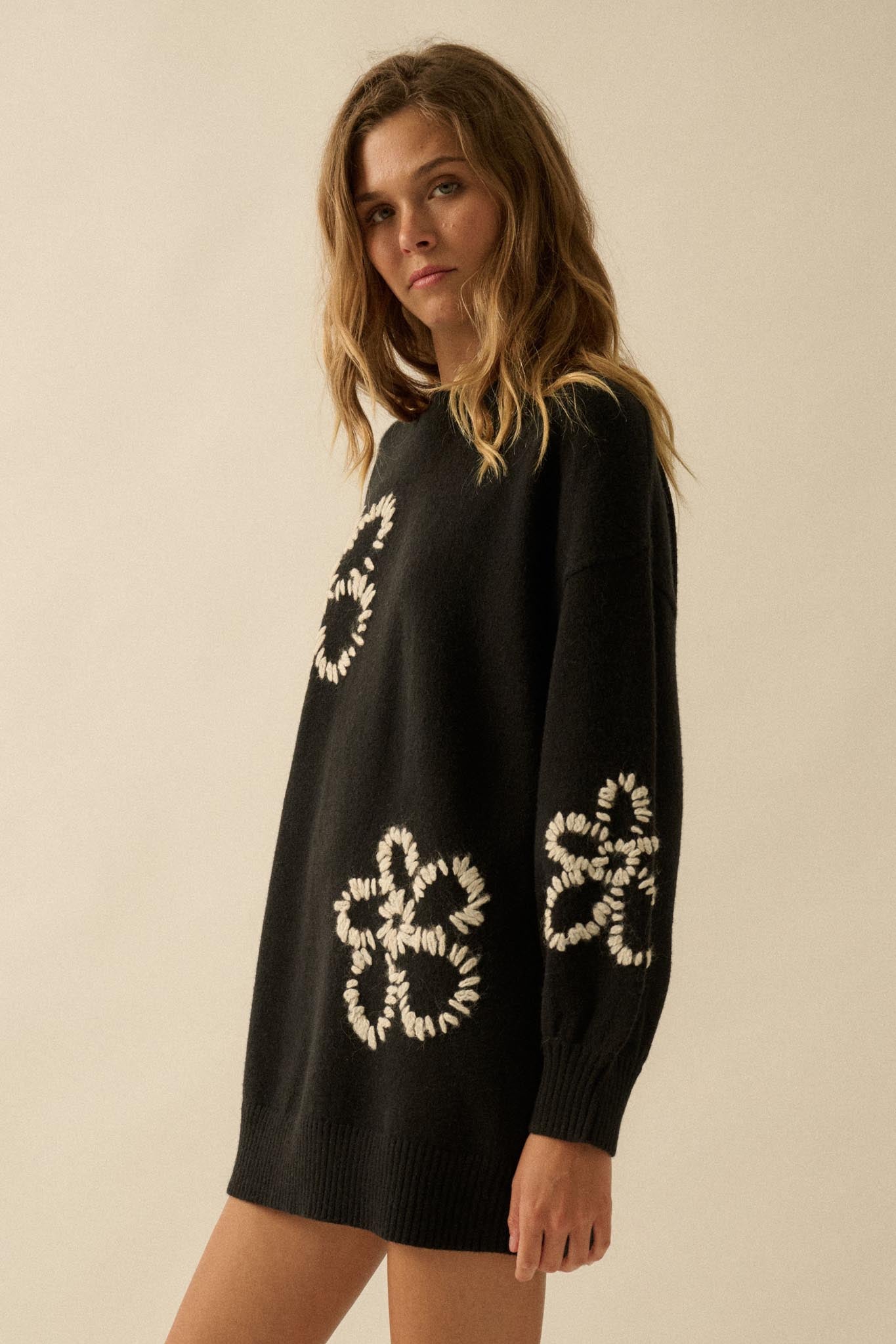 Cozy Petals Floral-Embroidered Mini Sweater Dress