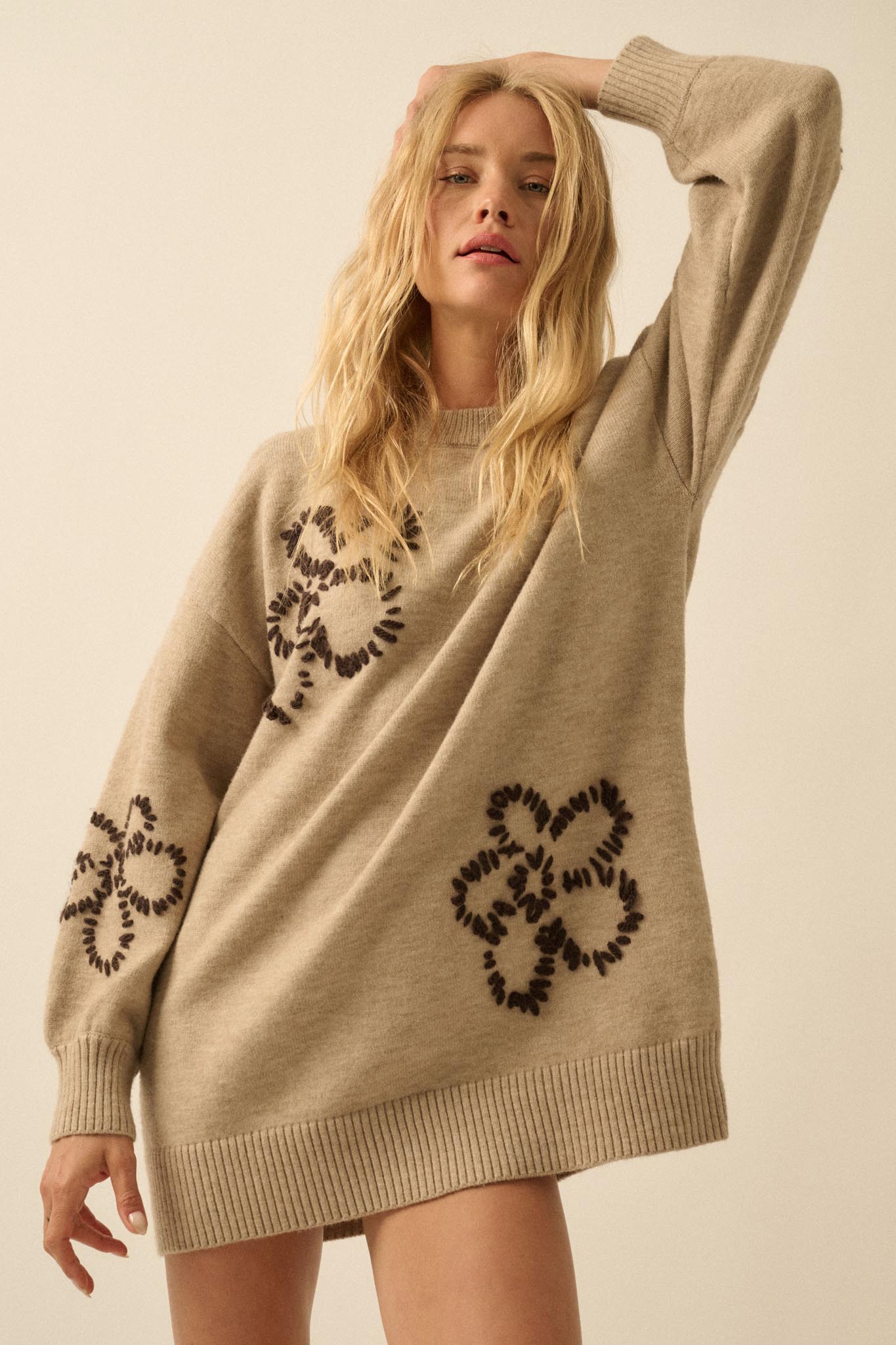 Cozy Petals Floral-Embroidered Mini Sweater Dress