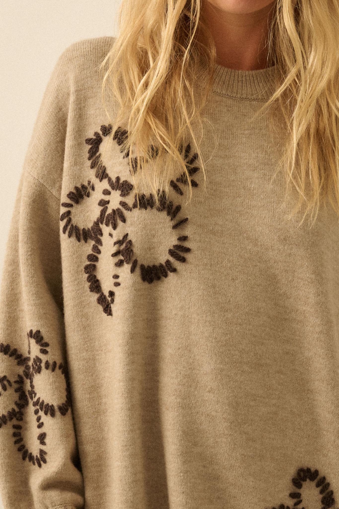 Cozy Petals Floral-Embroidered Mini Sweater Dress