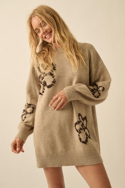 Cozy Petals Floral-Embroidered Mini Sweater Dress