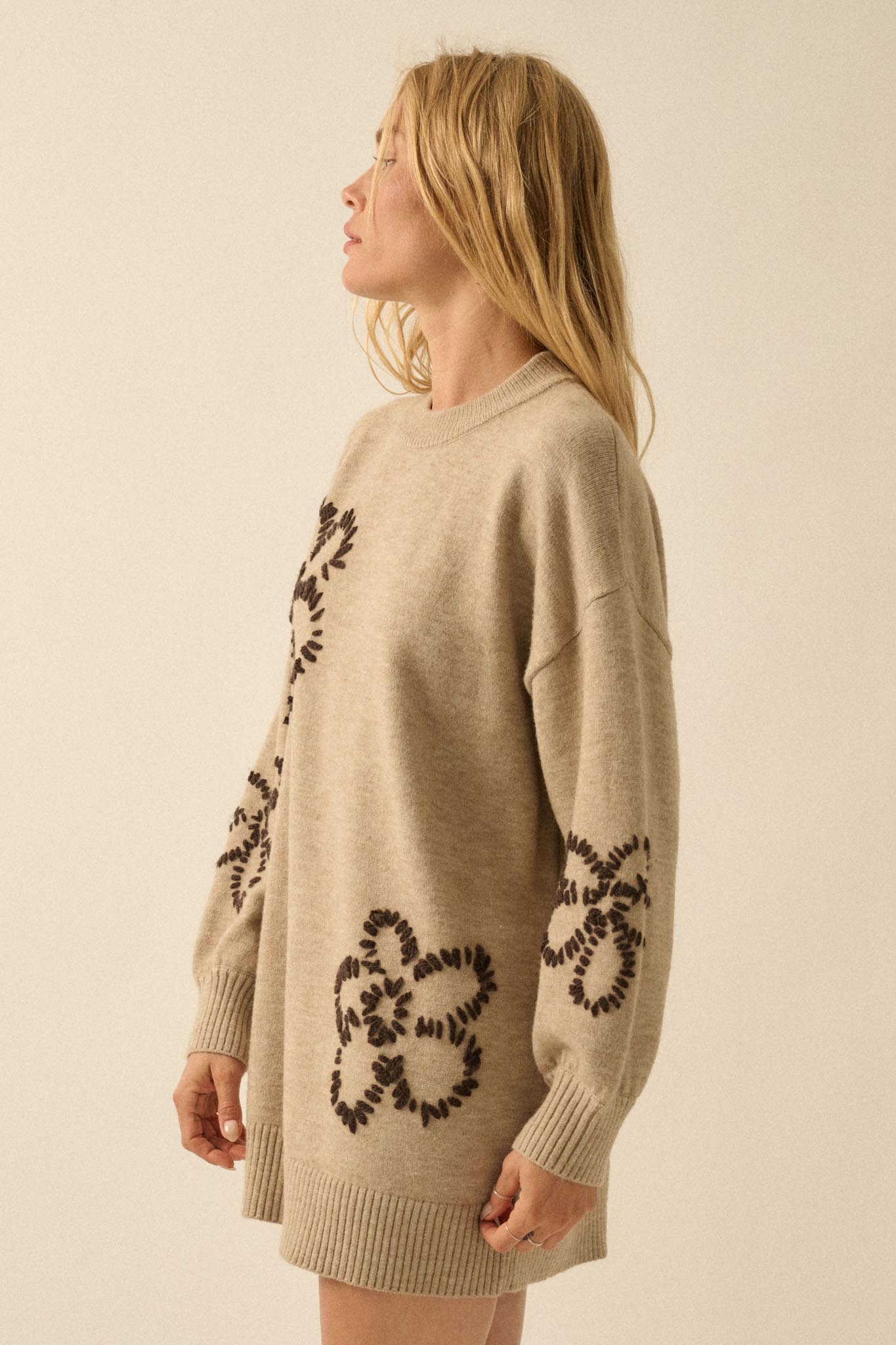 Cozy Petals Floral-Embroidered Mini Sweater Dress