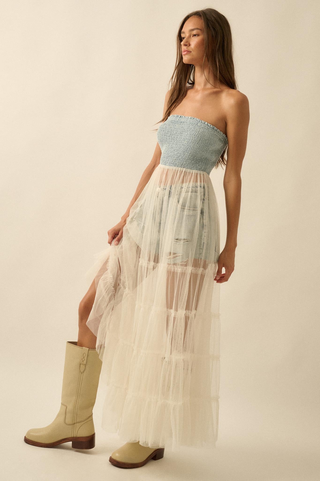 Dancing on Air Denim and Tulle Layering Maxi Dress
