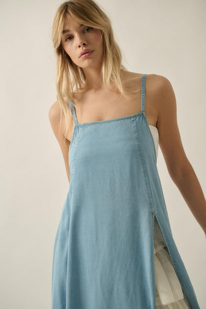 Endless Skies Denim Open-Back High-Slit Maxi Dress