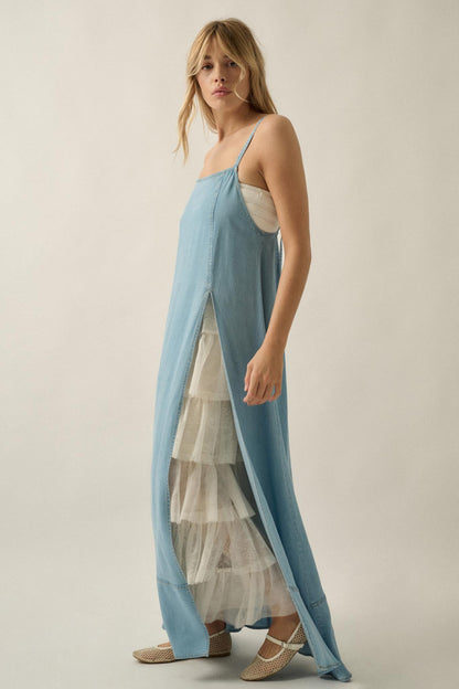 Endless Skies Denim Open-Back High-Slit Maxi Dress