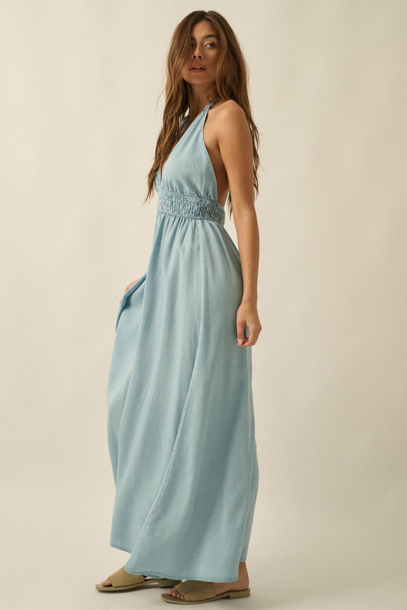 Beautiful Skies Denim Open-Back Halter Maxi Dress