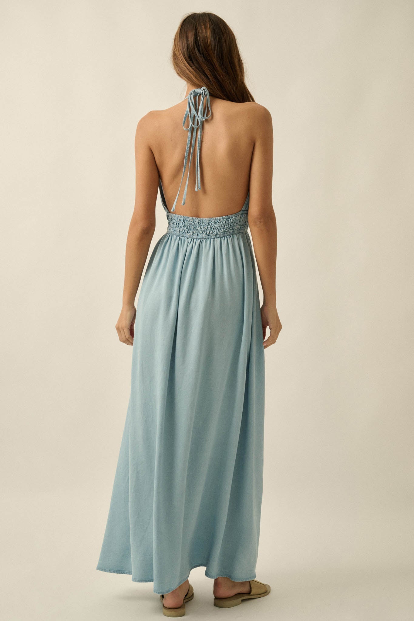 Beautiful Skies Denim Open-Back Halter Maxi Dress