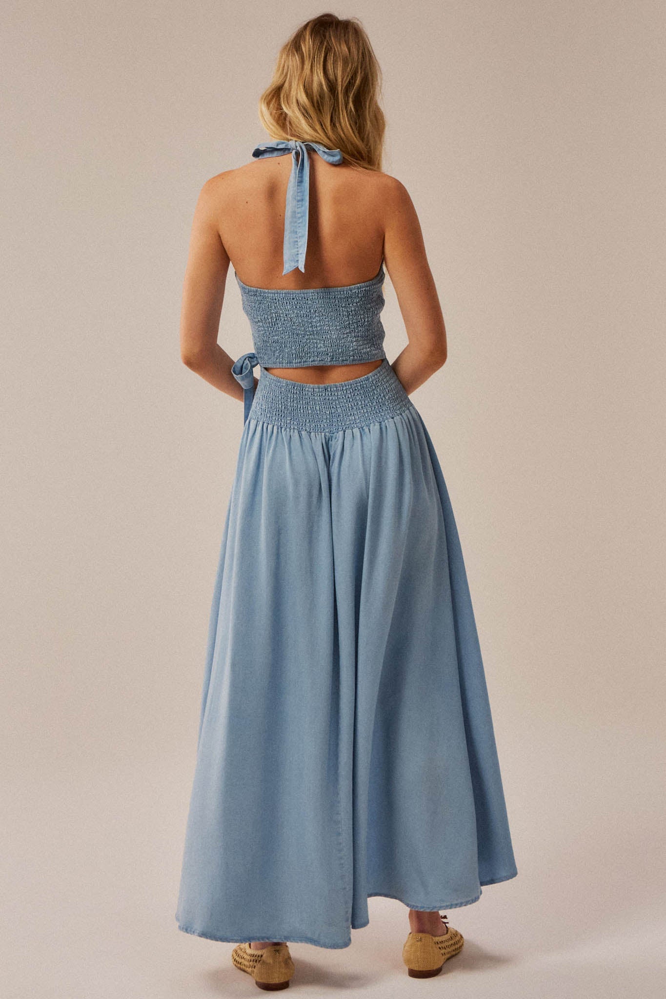 Beautiful Breeze Denim Halter Wrap Maxi Dress