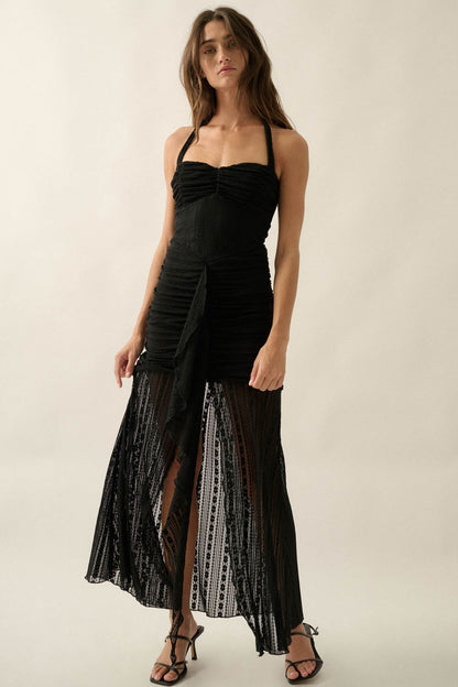 Beyond Beautiful Floral Lace Ruched Halter Maxi Dress