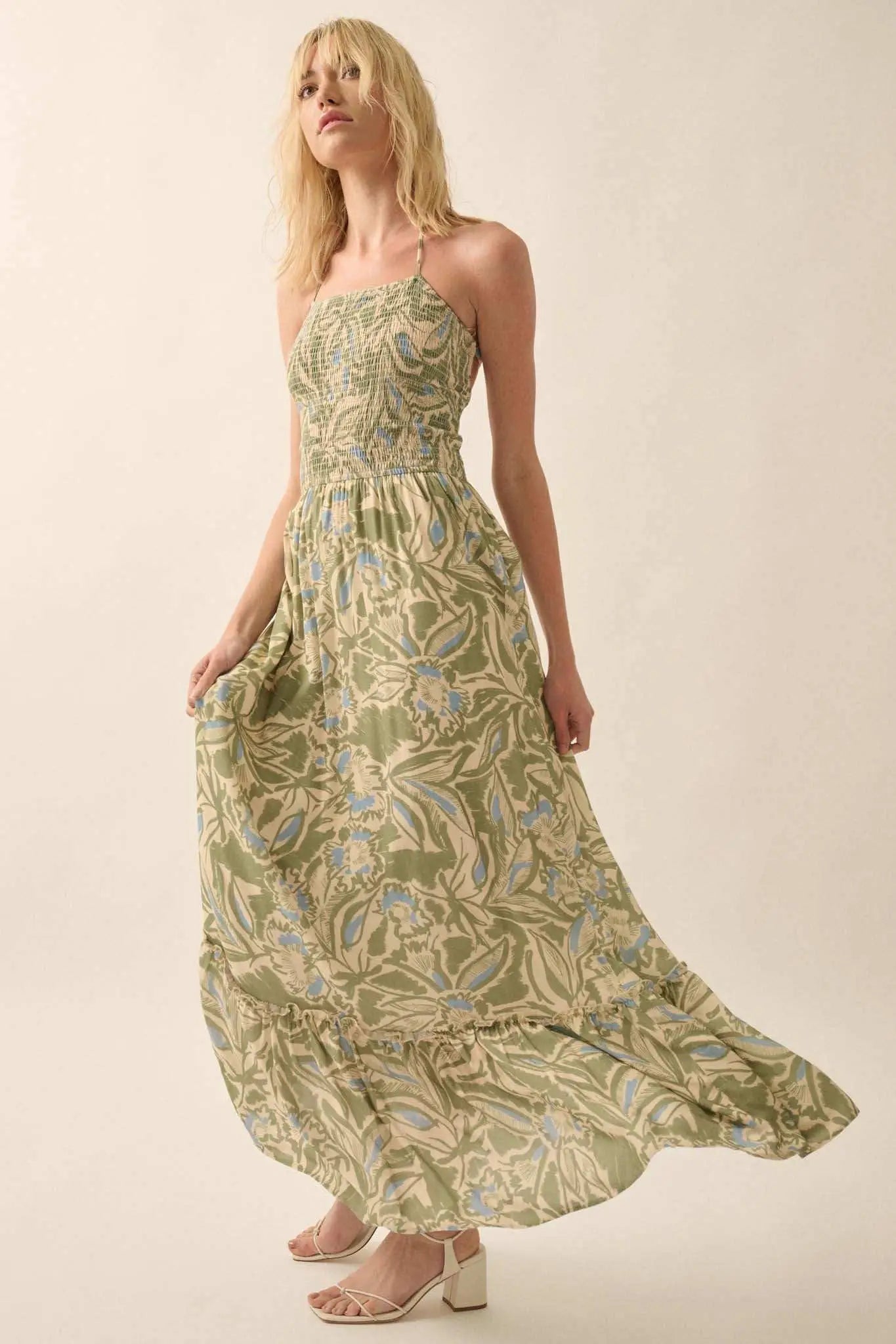 Pretty Palms Tropical Floral Smocked Maxi Dress