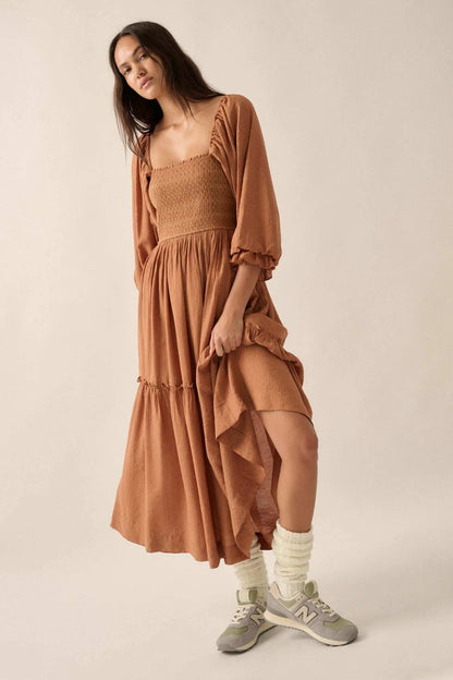 Autumn Sunset Smocked Midi Peasant Dress