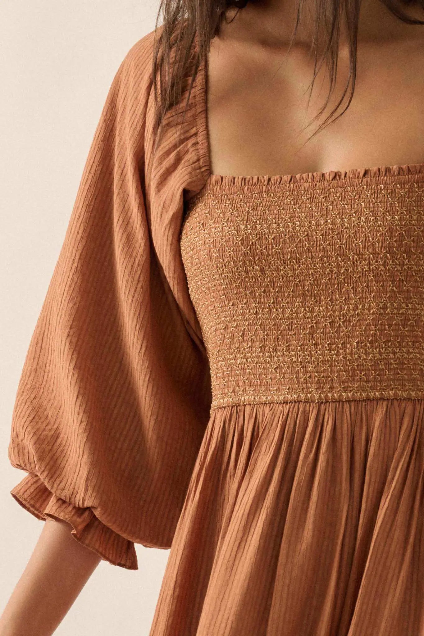 Autumn Sunset Smocked Midi Peasant Dress