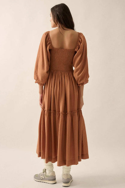 Autumn Sunset Smocked Midi Peasant Dress