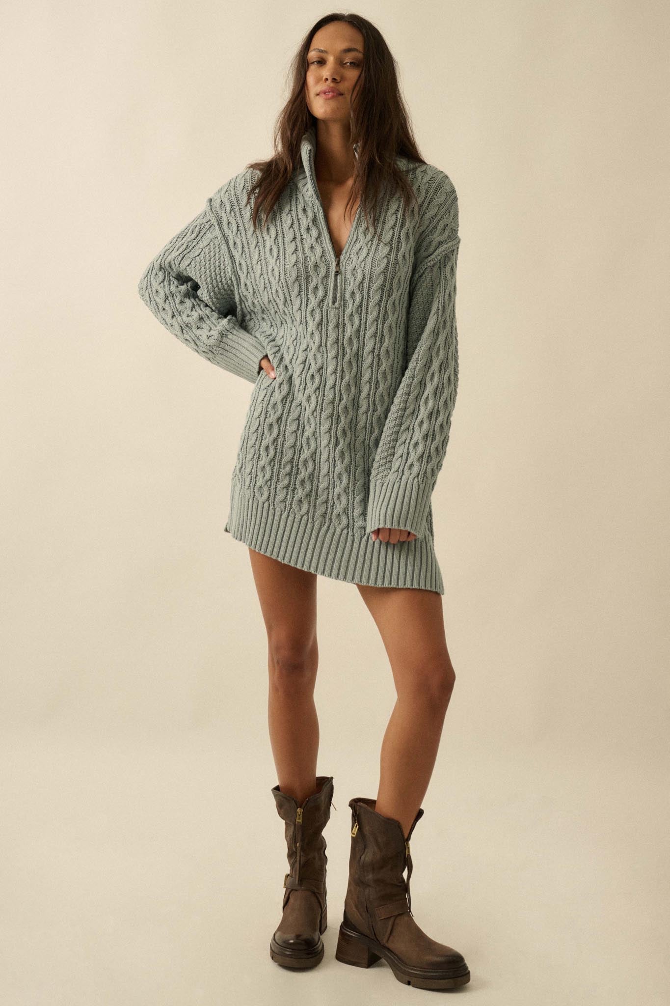 Plot Twist Half-Zip Cable Knit Sweater Dress