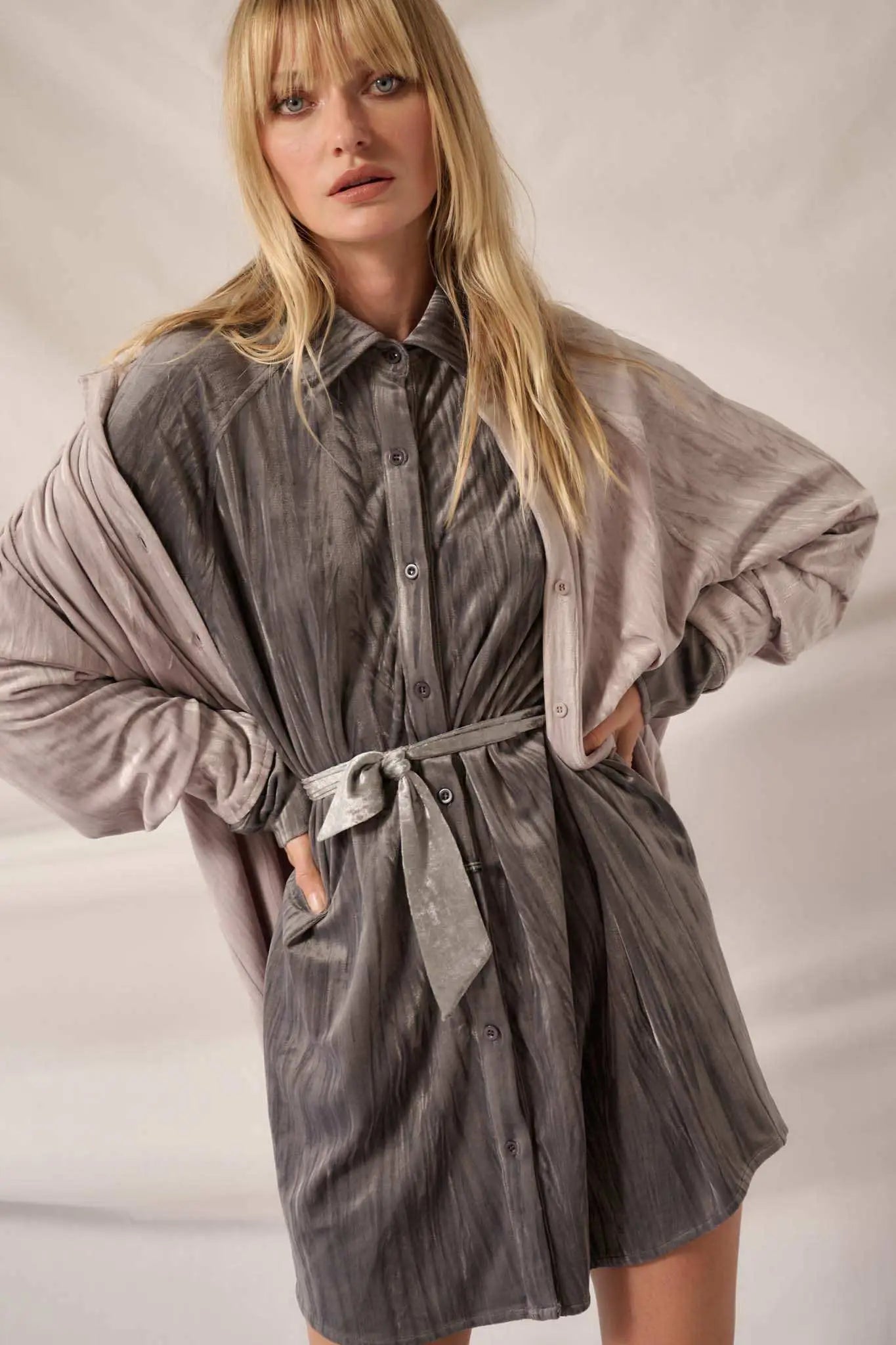 Laid-Back Luxury Crinkle Velvet Mini Shirt Dress