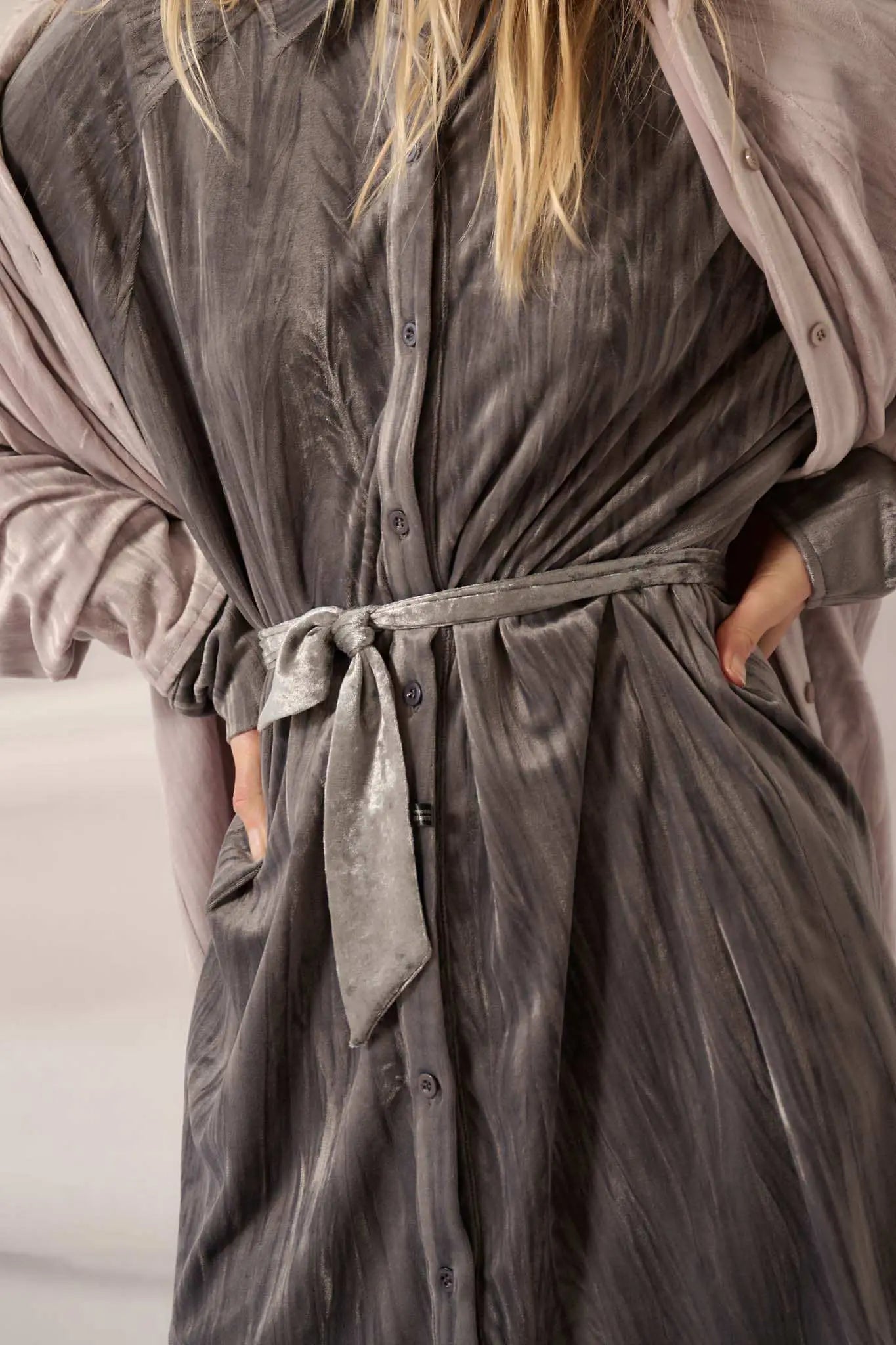 Laid-Back Luxury Crinkle Velvet Mini Shirt Dress