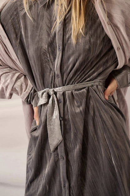 Laid-Back Luxury Crinkle Velvet Mini Shirt Dress