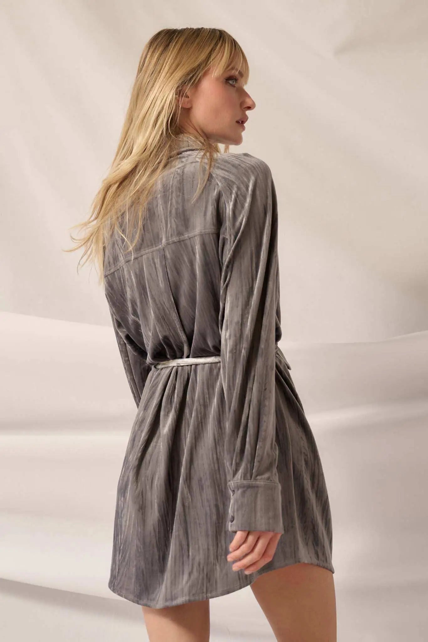 Laid-Back Luxury Crinkle Velvet Mini Shirt Dress