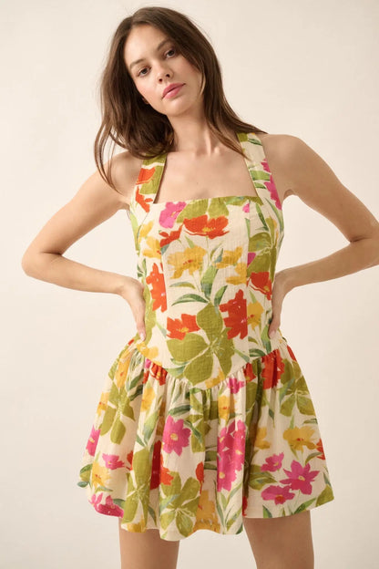 Maui Magic Tropical Floral Halter Mini Dress