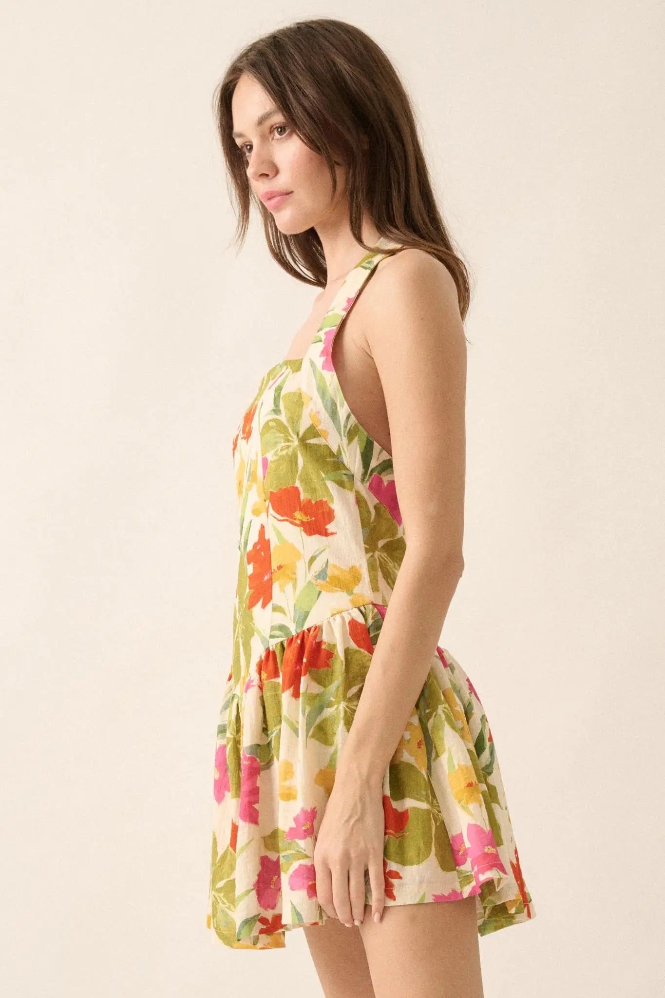 Maui Magic Tropical Floral Halter Mini Dress