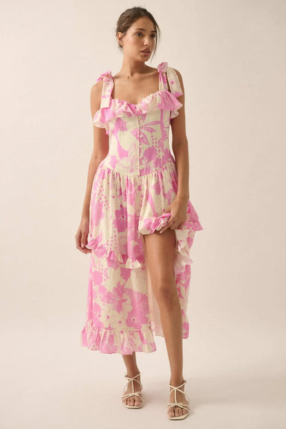 Hot Tropics Floral Button-Front Ruffle Midi Dress