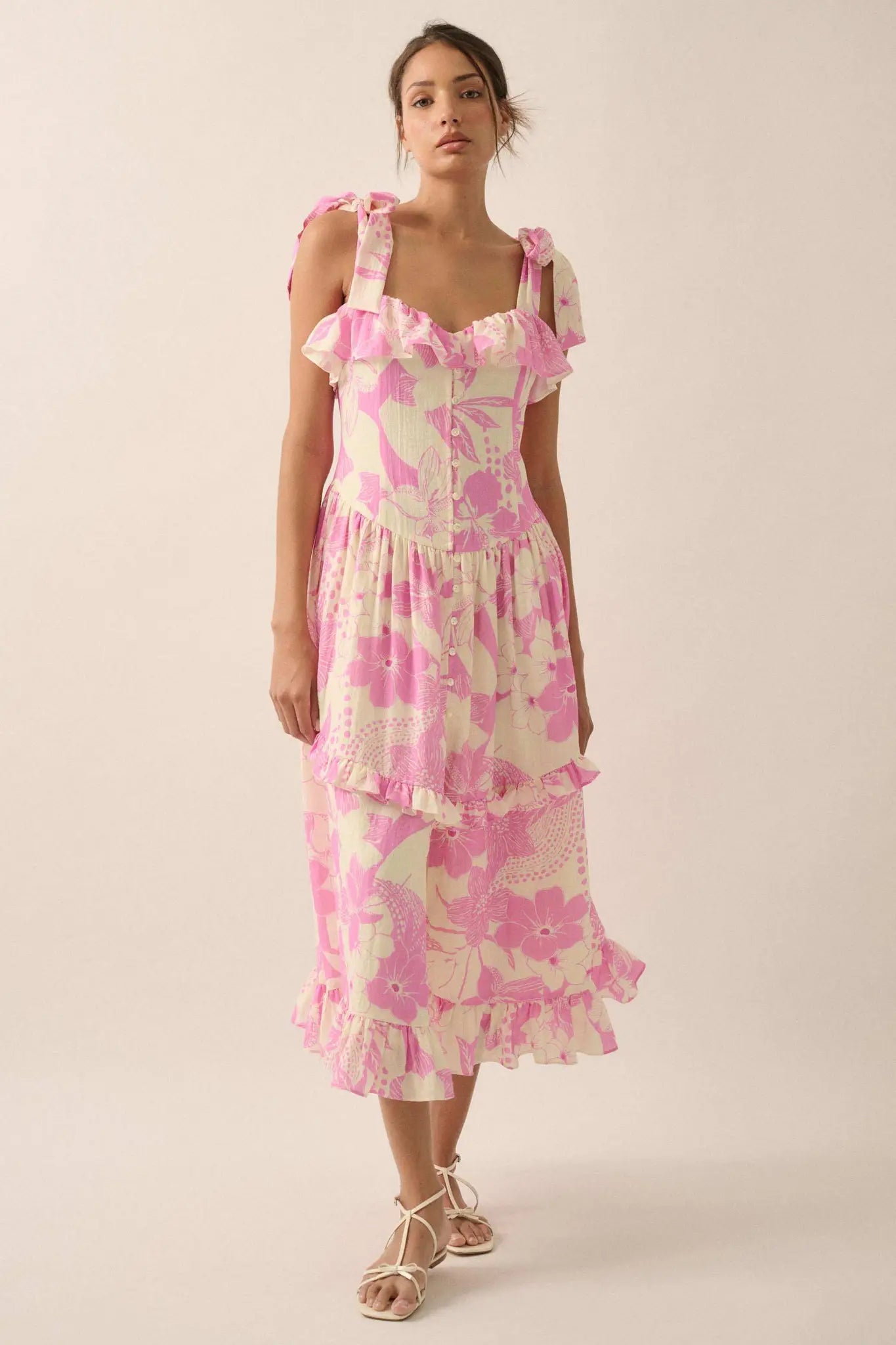 Hot Tropics Floral Button-Front Ruffle Midi Dress
