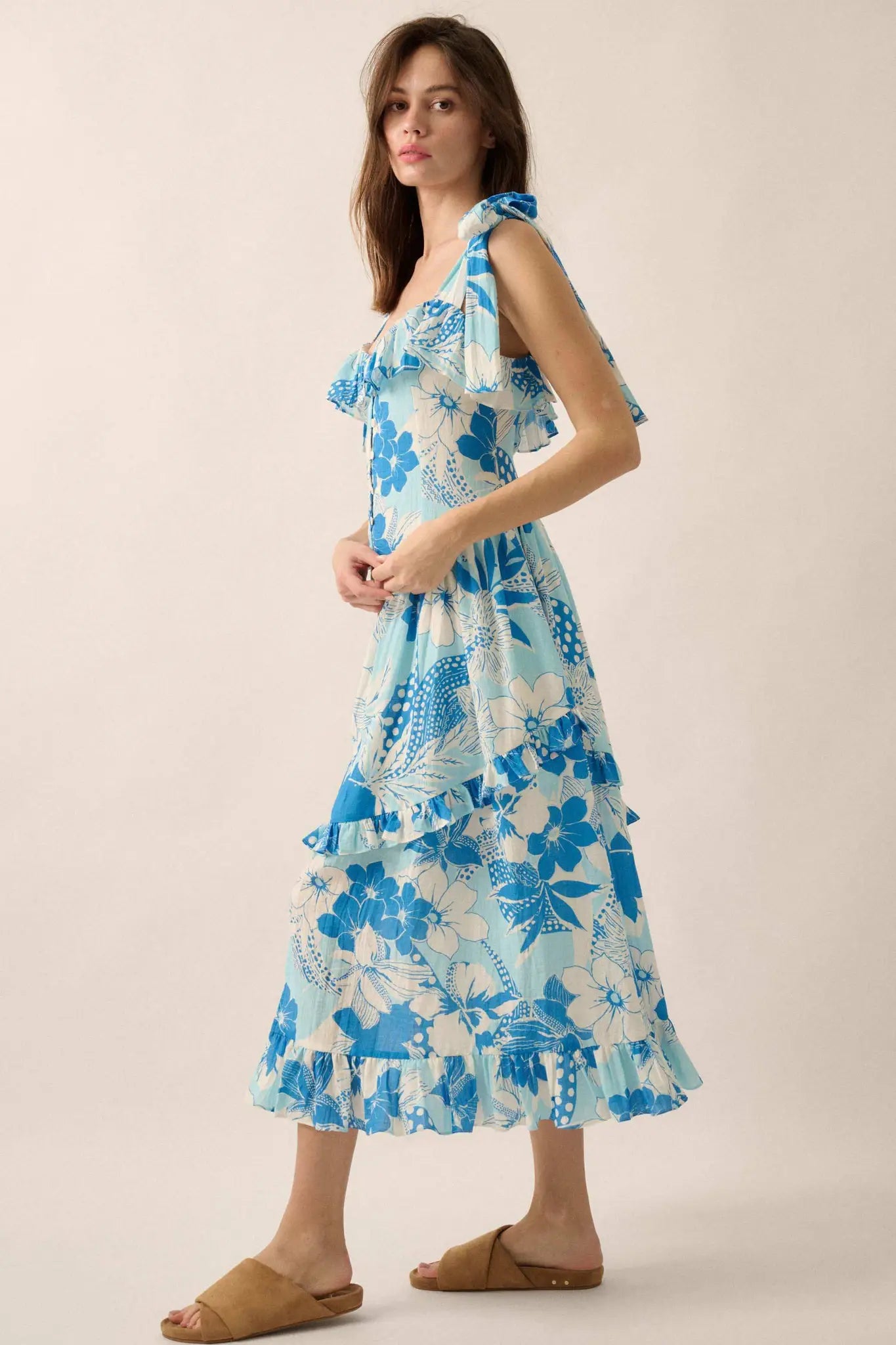 Hot Tropics Floral Button-Front Ruffle Midi Dress
