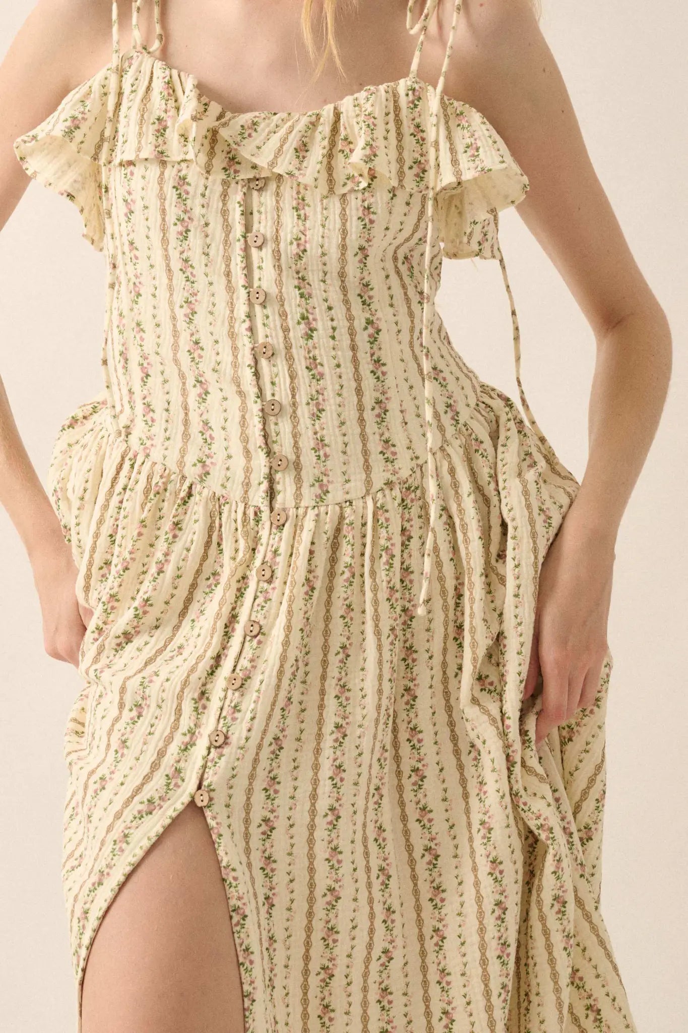 Climbing Vines Floral Gauze Ruffle Midi Dress